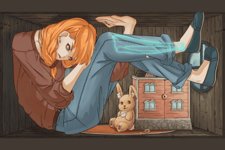 gameplay screenshot from the game "leila" shows an illustration of a woman stuck in a box. The woman looks like a giant as a small house is also inside the box with her
