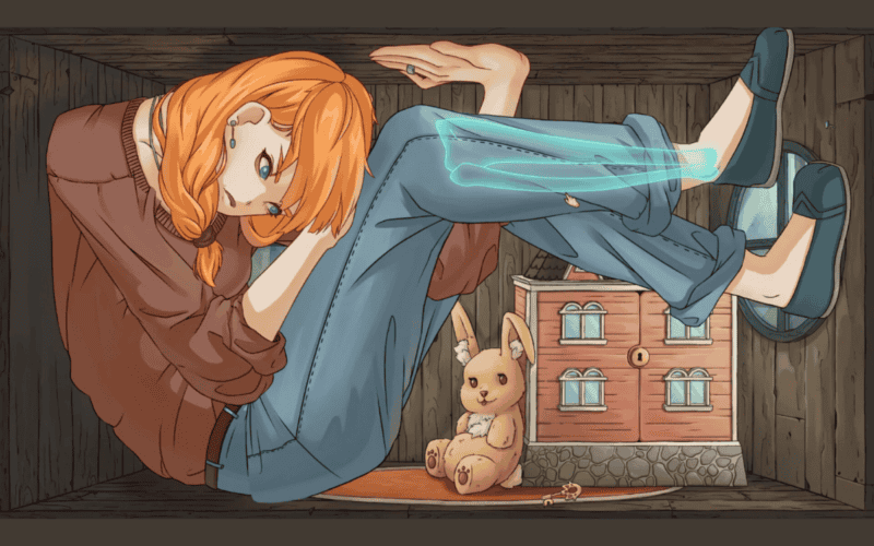 gameplay screenshot from the game "leila" shows an illustration of a woman stuck in a box. The woman looks like a giant as a small house is also inside the box with her