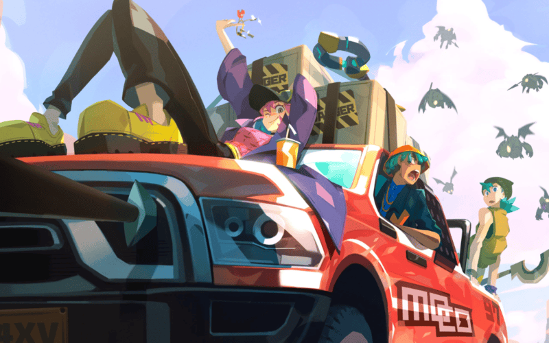 mo_co cover art shows game's character inside a car and there are flying monsters nearby them
