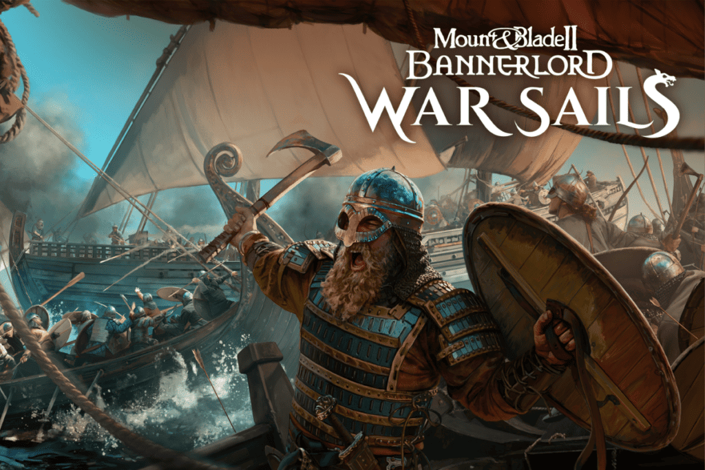 Mount & Blade II: War Sails cover art shows a viking on a ship leading an army to war, screaming