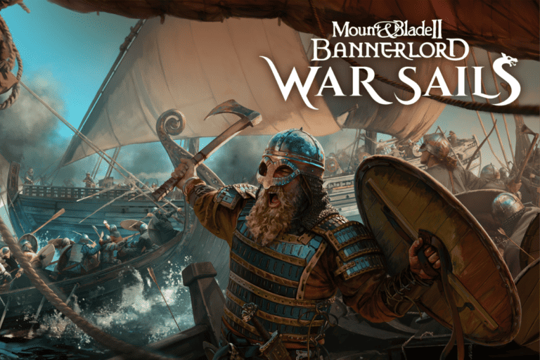 Mount & Blade II: War Sails cover art shows a viking on a ship leading an army to war, screaming
