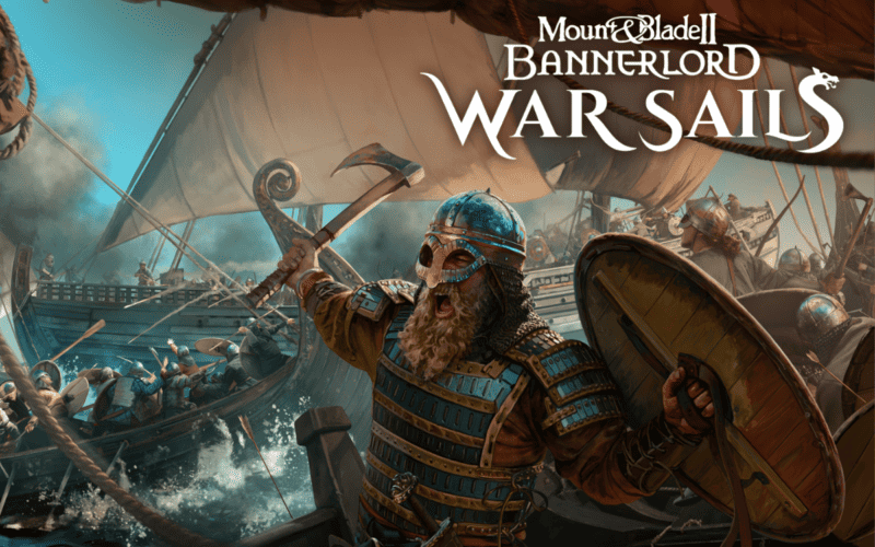 Mount & Blade II: War Sails cover art shows a viking on a ship leading an army to war, screaming