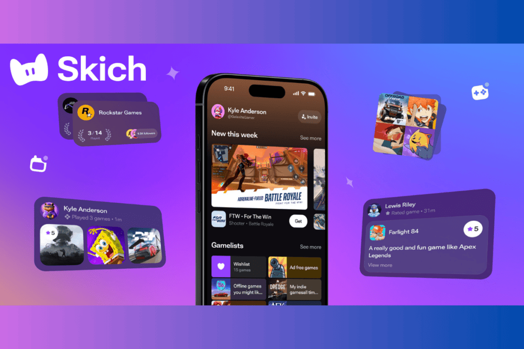 skich logo on top left, an iphone showing an alternative app store on its screen in the middle