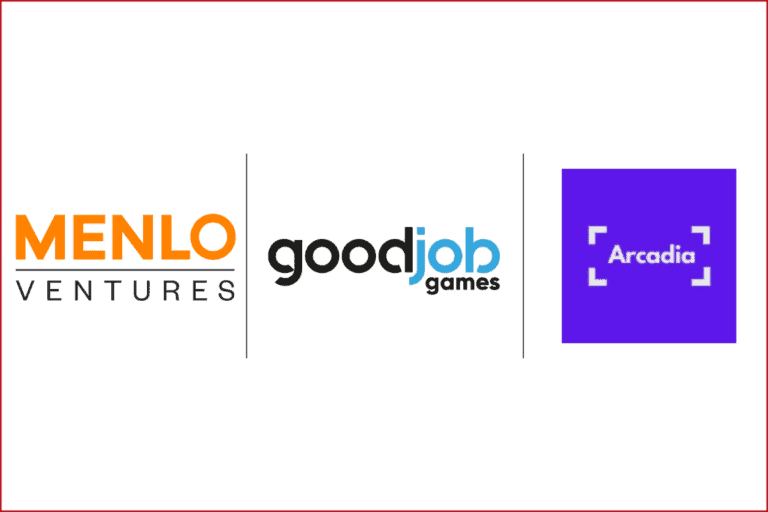 menlo ventures logo on the left, good job games logo in the middle and arcadia logo on the right