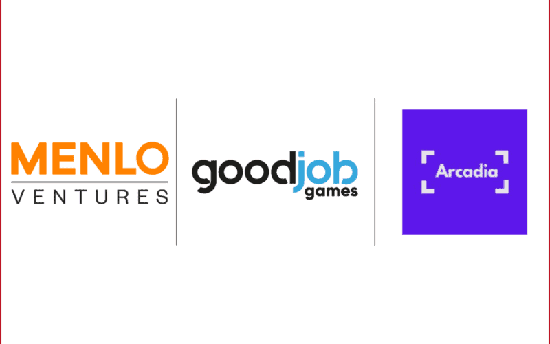 menlo ventures logo on the left, good job games logo in the middle and arcadia logo on the right