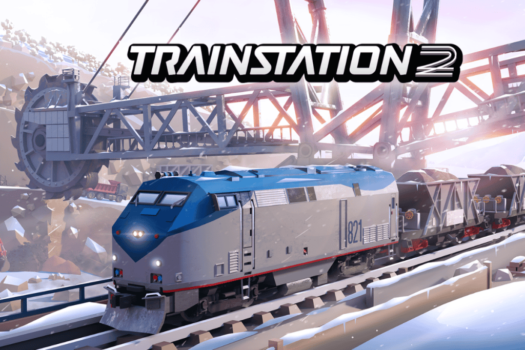 trainstation 2 cover art shows a train in a factory like setting with the game's logo on top