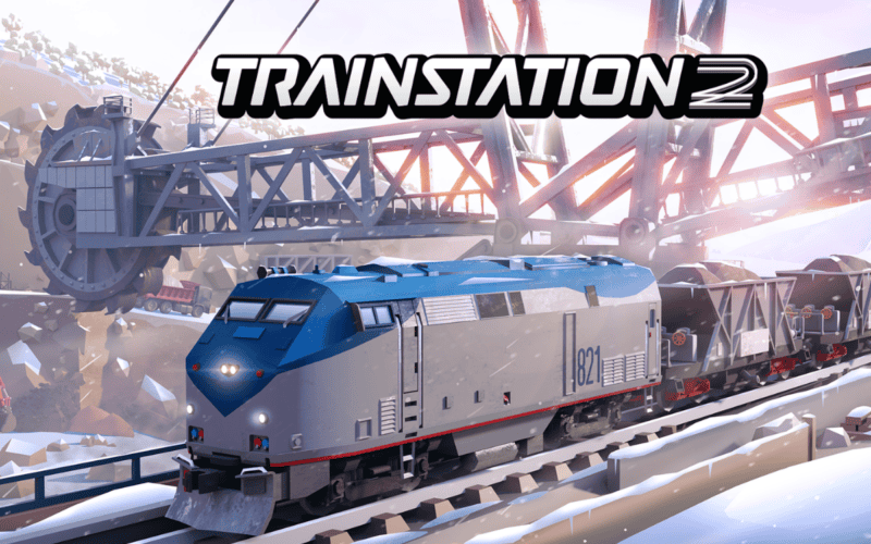 trainstation 2 cover art shows a train in a factory like setting with the game's logo on top