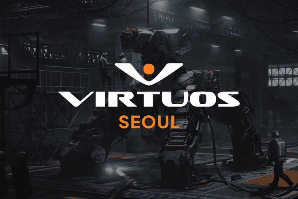virtuos seoul logo, in the background there is a giant mech and engineers working on it