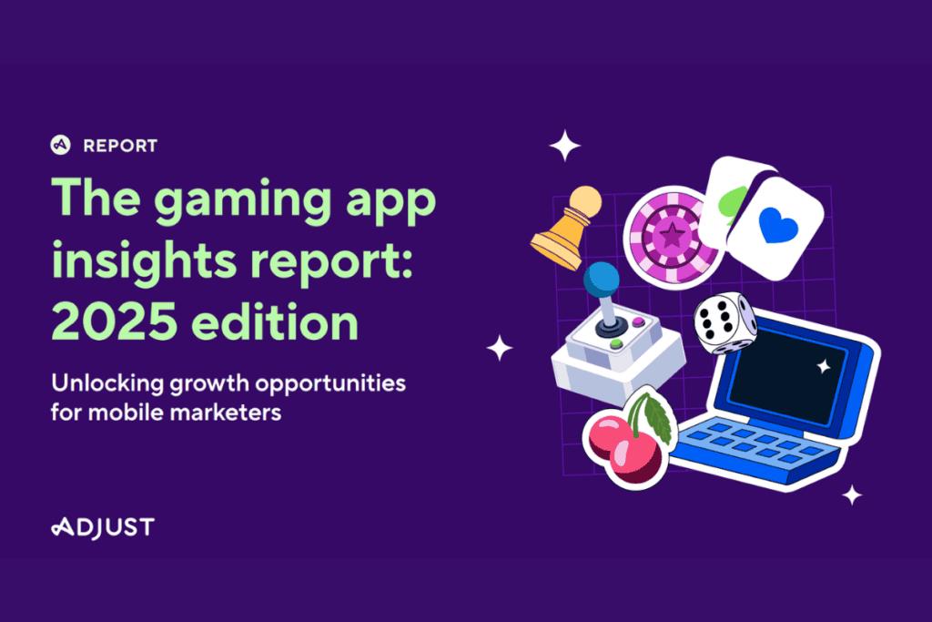 2025 adjust gaminga app insights report text, bunch of illustrations of phones, laptops, cameras near the text
