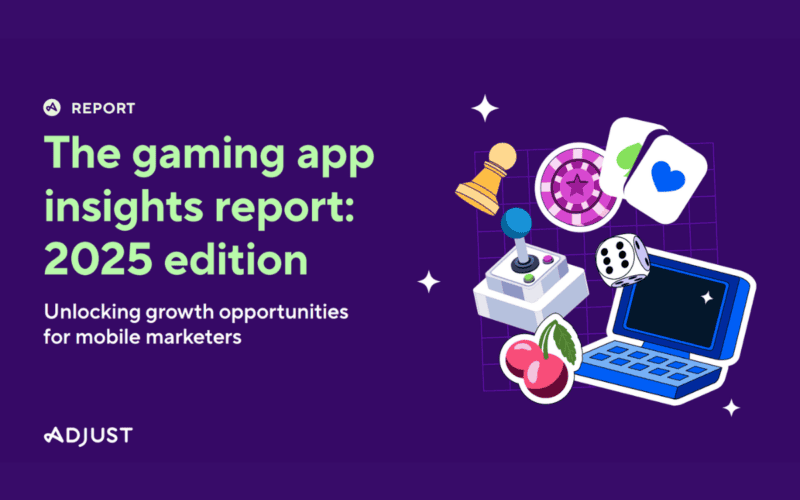 2025 adjust gaminga app insights report text, bunch of illustrations of phones, laptops, cameras near the text