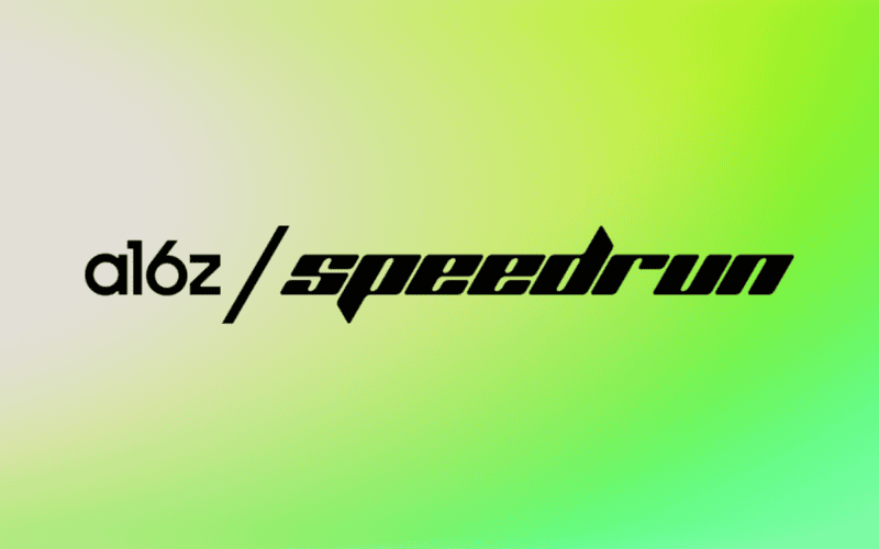 a16z / speedrun text on green background