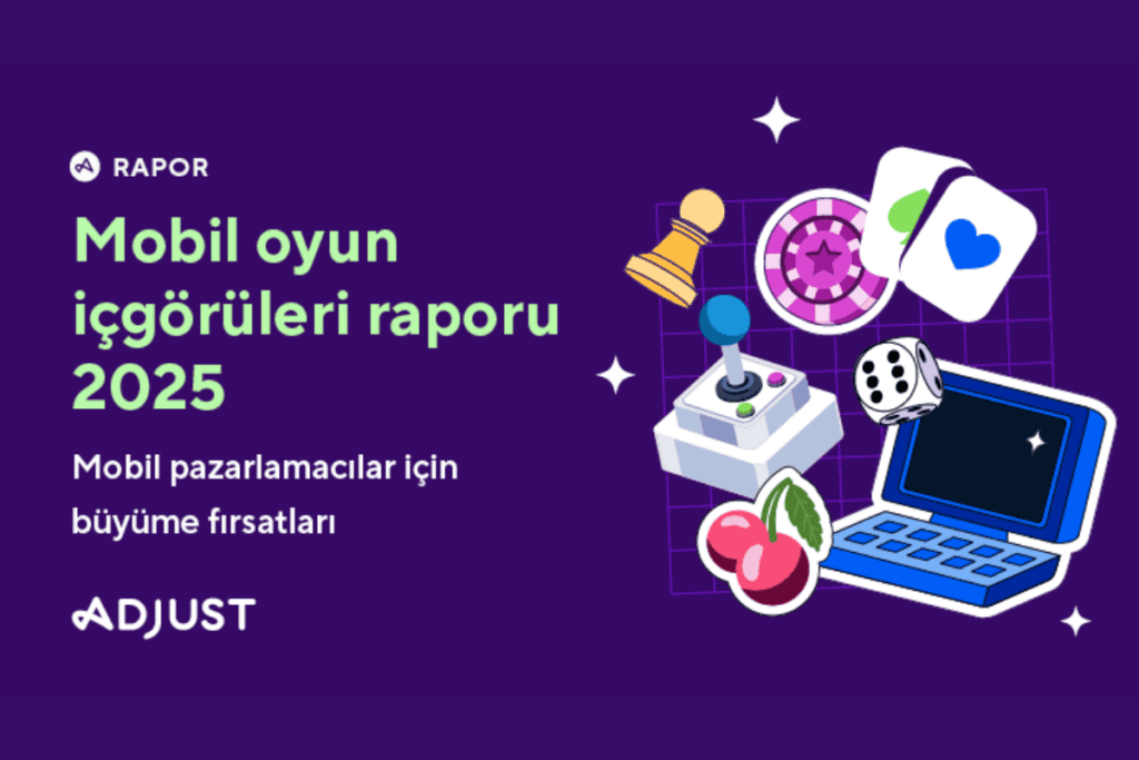 adjust 2025 mobil oyun içgörüleri raporu 2025 yazısı ve birçok teknolojik ürün ilüstrasyonu