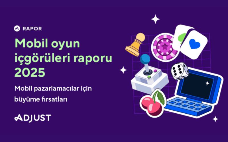 adjust 2025 mobil oyun içgörüleri raporu 2025 yazısı ve birçok teknolojik ürün ilüstrasyonu