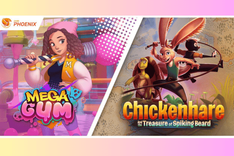 megagum game cover art on the left, chickenhare game cover art on the right with chibiphoenix logo on top left