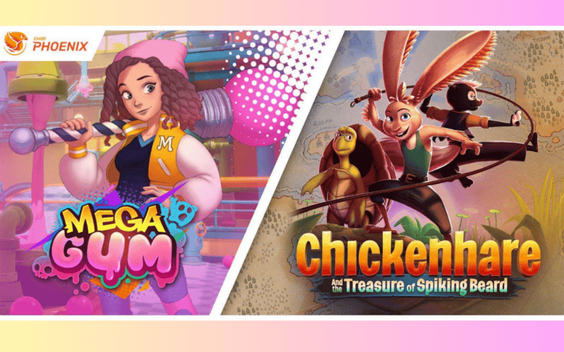 megagum game cover art on the left, chickenhare game cover art on the right with chibiphoenix logo on top left
