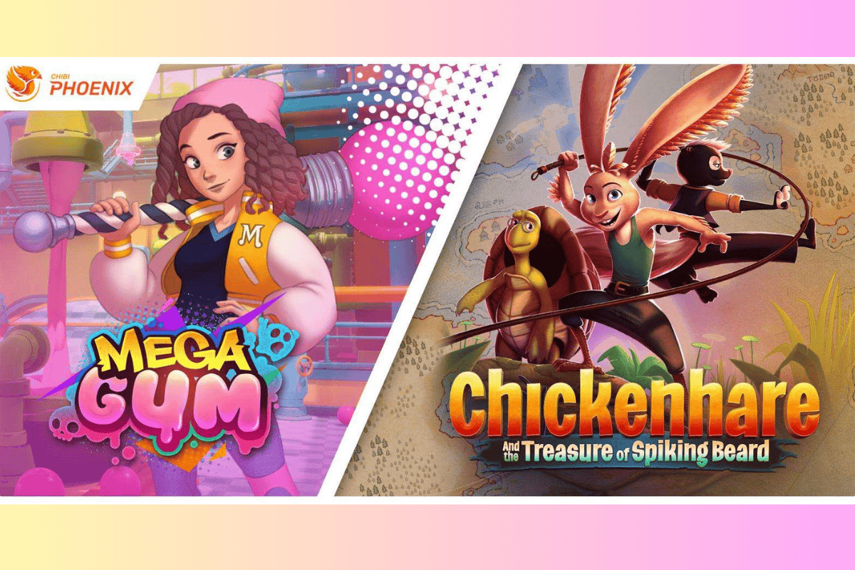 megagum game cover art on the left, chickenhare game cover art on the right with chibiphoenix logo on top left