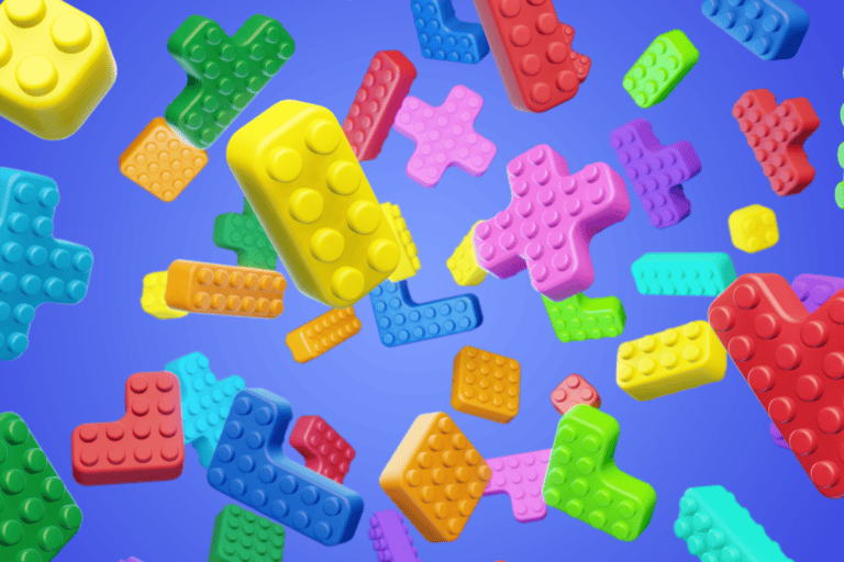 Color Block Jam image shows tetris like lego pieces floating over in an abstract area