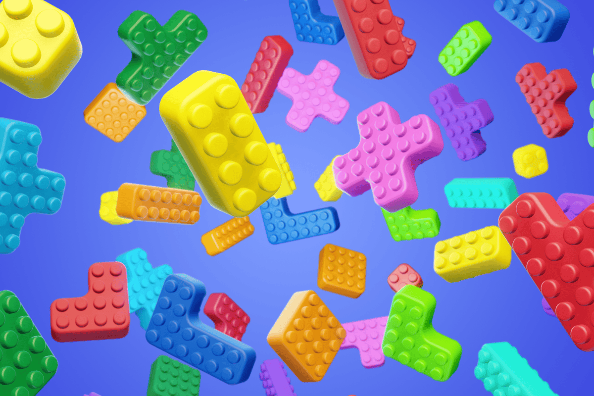 Color Block Jam image shows tetris like lego pieces floating over in an abstract area