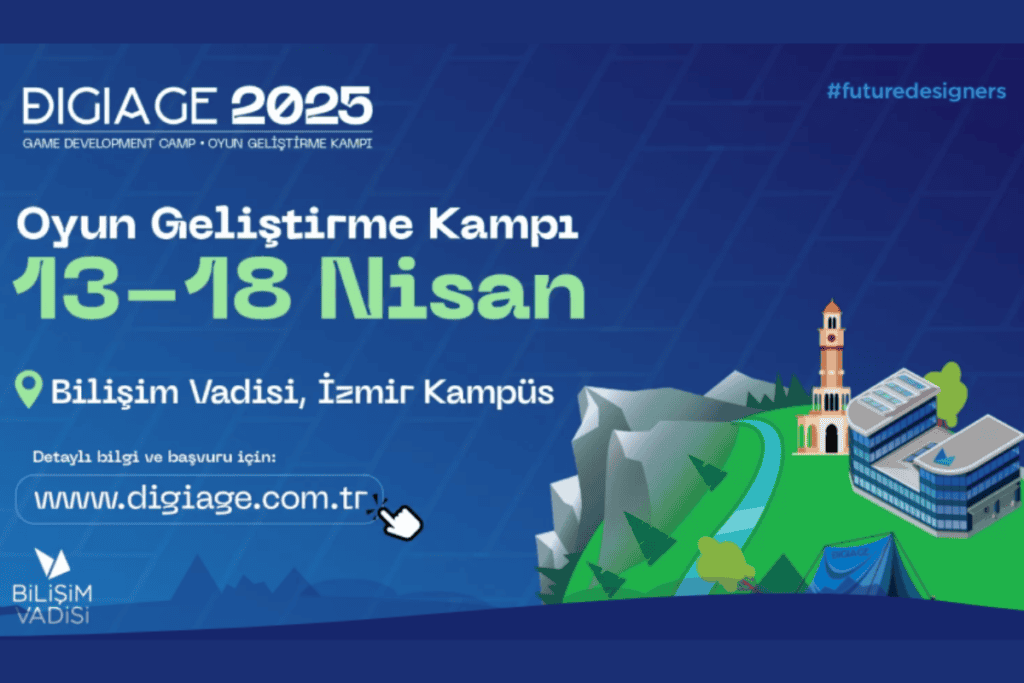 bilişim vadisi digiage oyun geliştirme kampı görselinde 13-18 nisan tarihleri ve ilüstrasyon bir resim yer alıyor