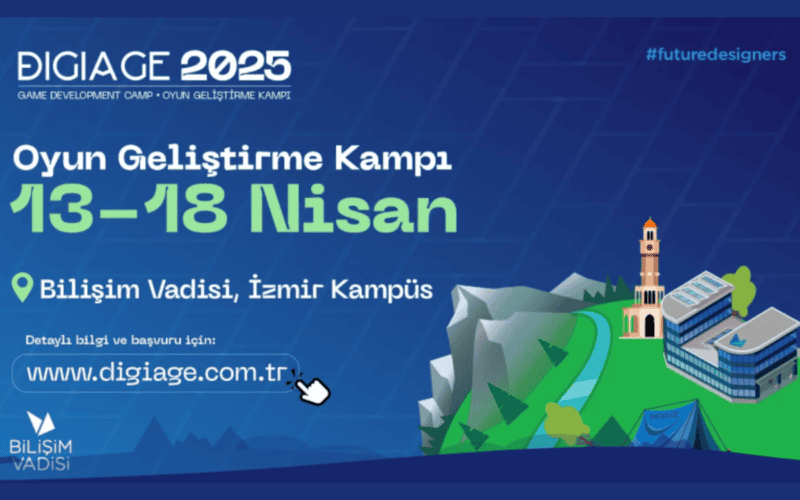 bilişim vadisi digiage oyun geliştirme kampı görselinde 13-18 nisan tarihleri ve ilüstrasyon bir resim yer alıyor