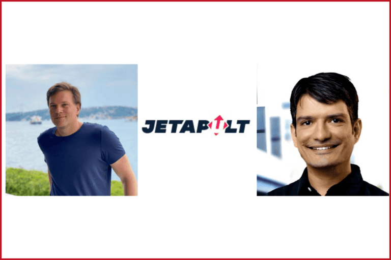 oz silahtar photo on the left, jetapult logo in the middle, arjun jain photo on the right