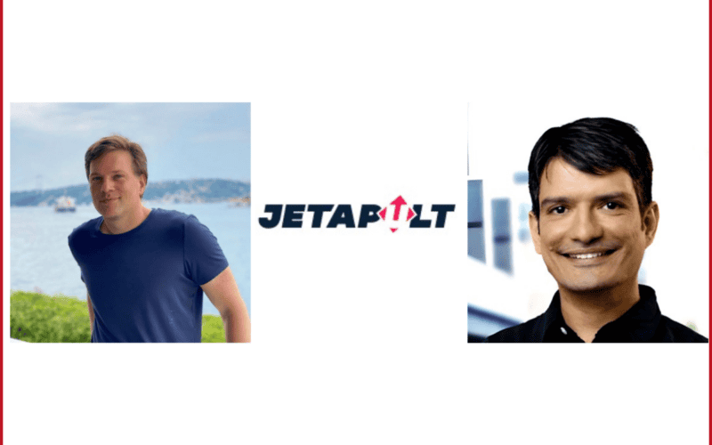 oz silahtar photo on the left, jetapult logo in the middle, arjun jain photo on the right