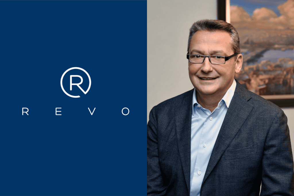 revo capital logo on the left, cenk bayrakdar photo on the right