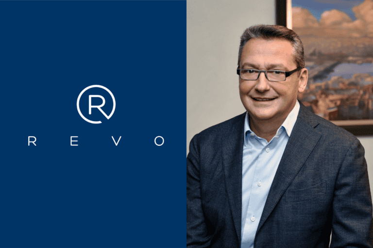 revo capital logo on the left, cenk bayrakdar photo on the right