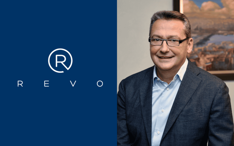 revo capital logo on the left, cenk bayrakdar photo on the right