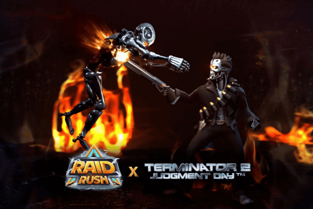 Terminator x Raid Rush cover art for Panteon's Raid Rush game. The cover art shows T-1000