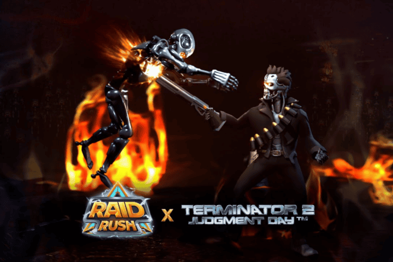 Terminator x Raid Rush cover art for Panteon's Raid Rush game. The cover art shows T-800 shooting T-1000 up close.
