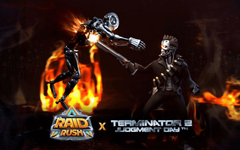 Terminator x Raid Rush cover art for Panteon's Raid Rush game. The cover art shows T-800 shooting T-1000 up close.