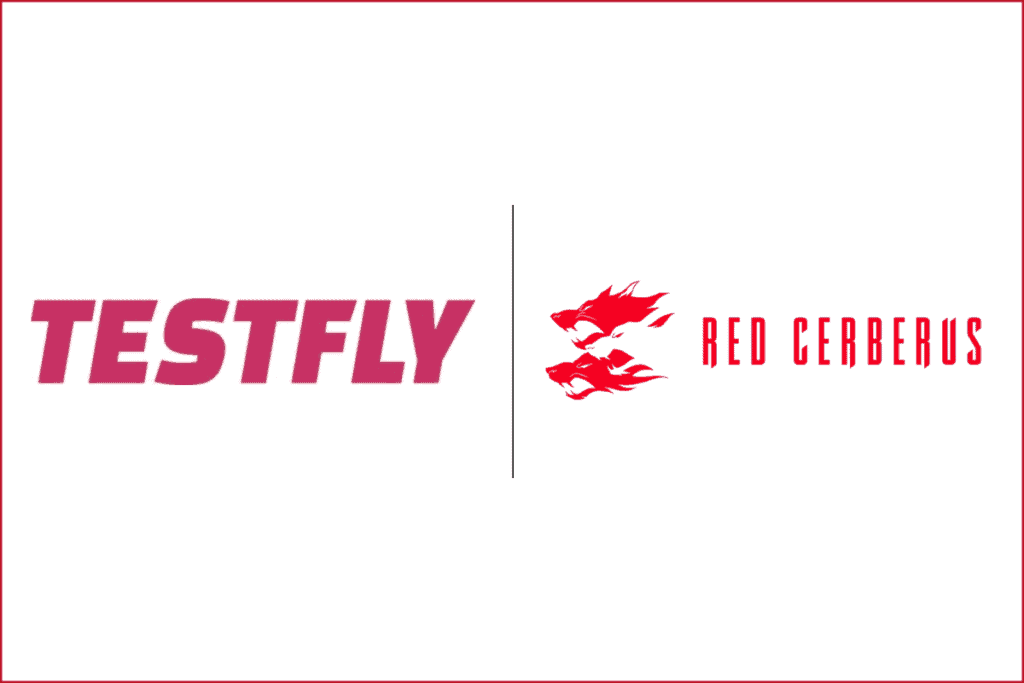 testfly logo on the left, red cerberus logo on the right with a vertical divider line in the middle