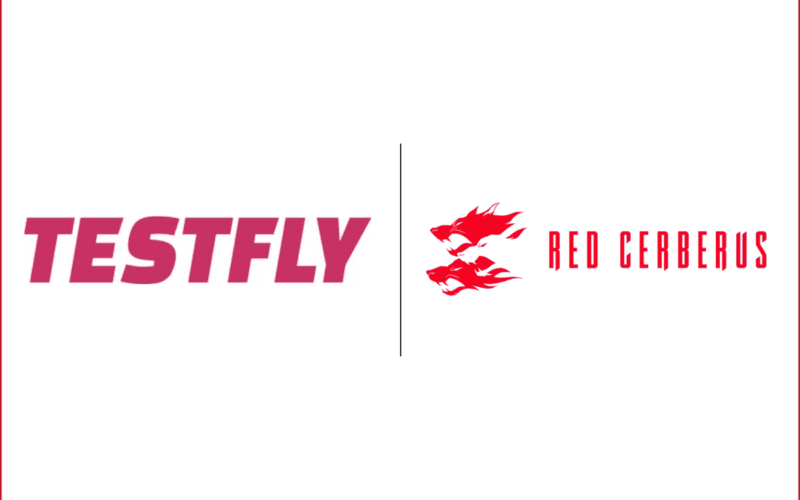 testfly logo on the left, red cerberus logo on the right with a vertical divider line in the middle