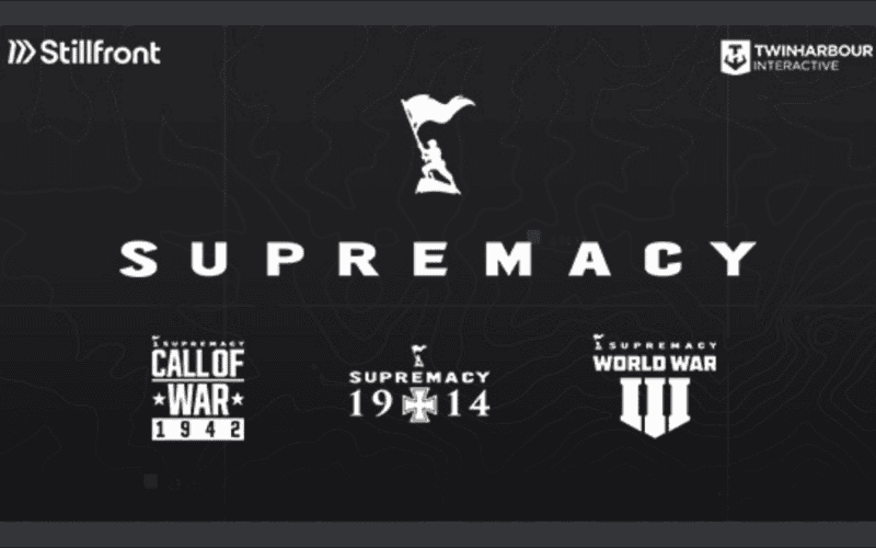 supremacy logo in the middle with 3 game titles under it. twin harbor interactive logo on top right, stillfront logo on top left
