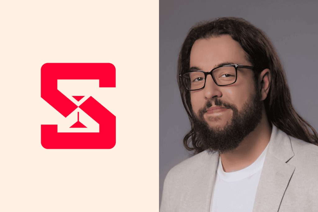 sandsoft logo on the left, Ahmed AlSharif, Chief Technology Officer at Sandsoft photo on the right