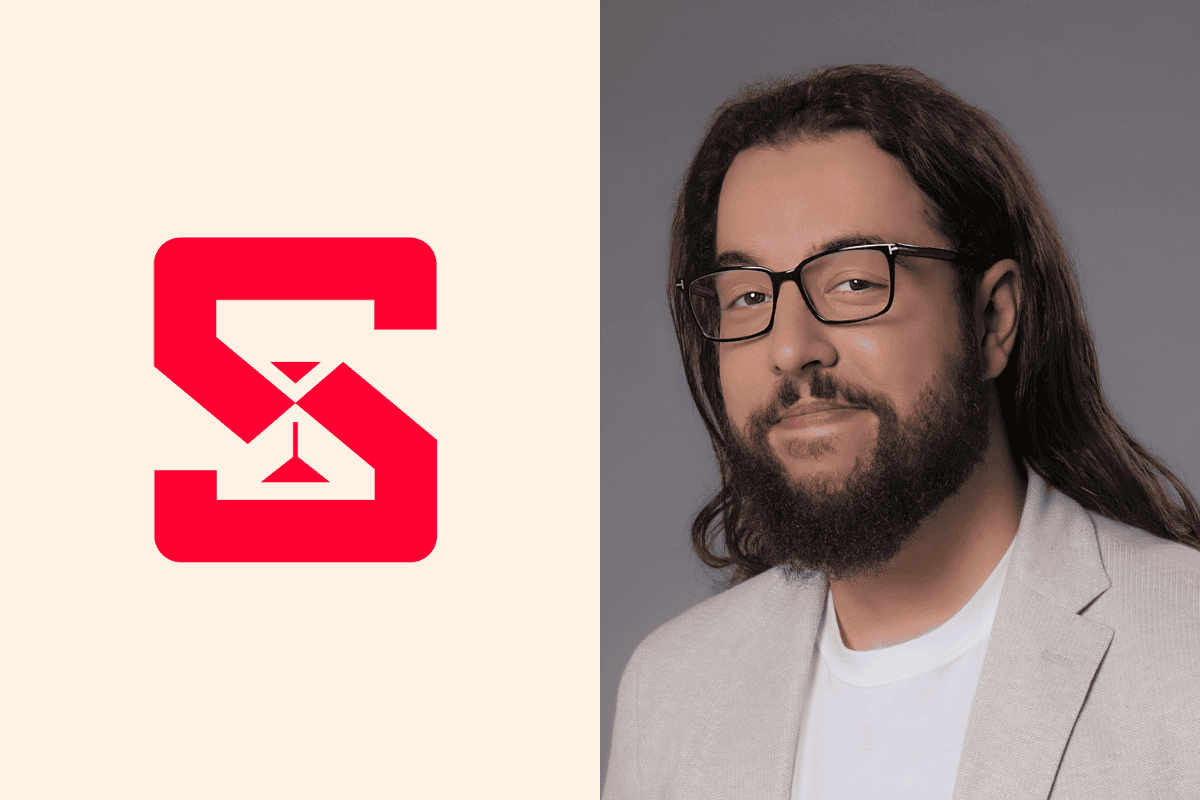 sandsoft logo on the left, Ahmed AlSharif, Chief Technology Officer at Sandsoft photo on the right