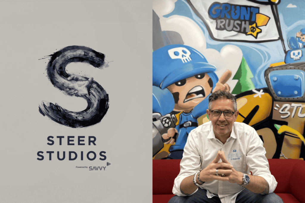 steer studios logo on the left, yannick theler photo on the right, in front of grunt rush image covered wall