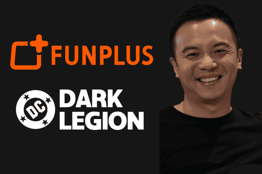 Funplus and DC: Dark Legion logos on the left, David Du's photo on the right