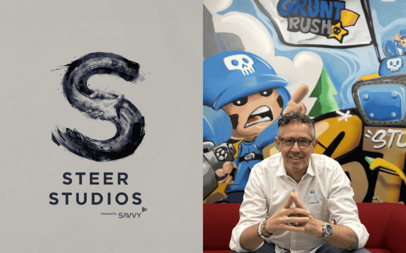 steer studios logo on the left, yannick theler photo on the right, in front of grunt rush image covered wall