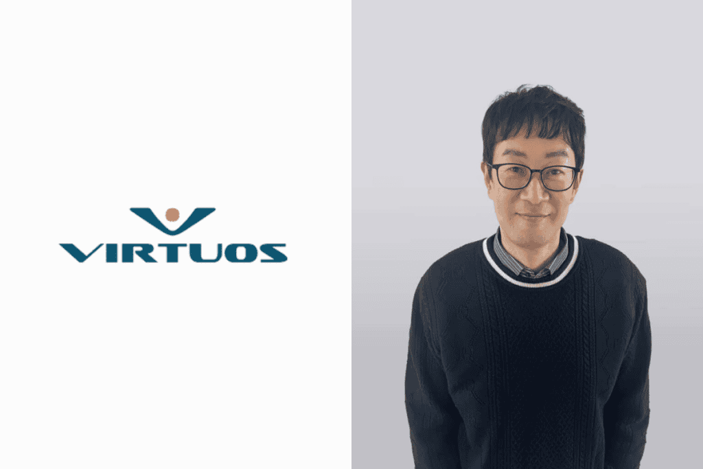 virtuos logo on the left, Seunghwan “Sean” Yoon photo on the right
