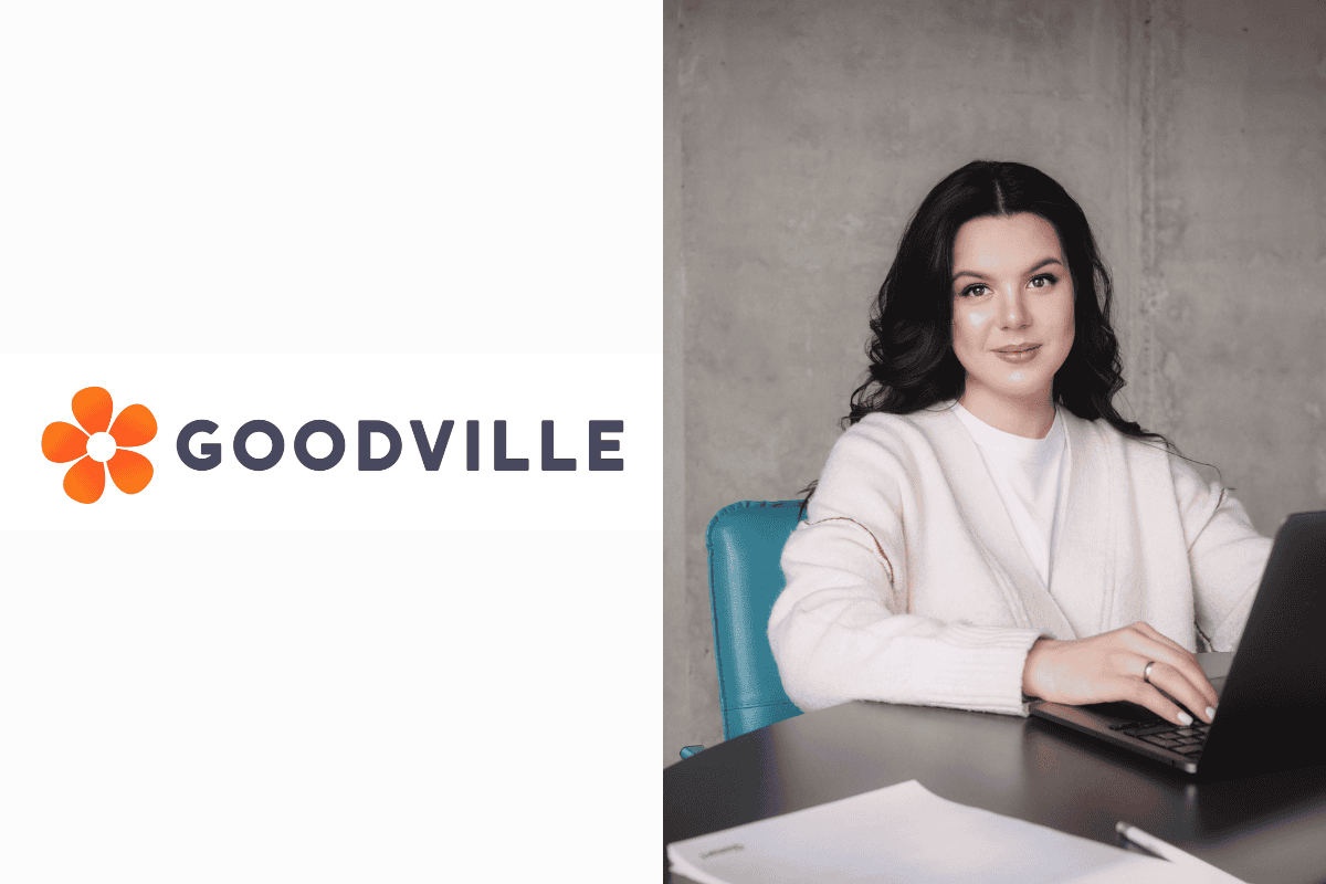 Goodville logo on the left, Katerina Dudinskaya photo on the right