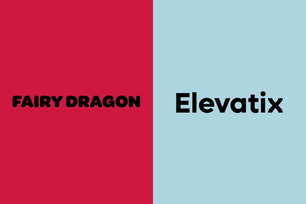 fairy dragon logo on the left on red background, elevatix logo on the right on light blue background