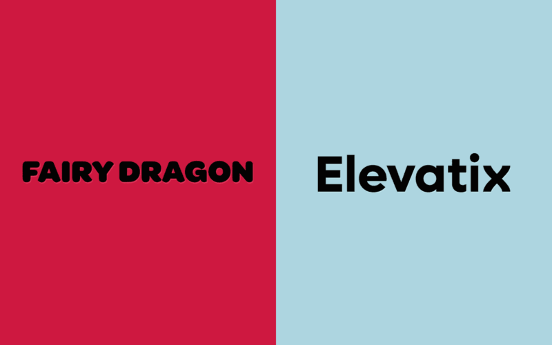 fairy dragon logo on the left on red background, elevatix logo on the right on light blue background
