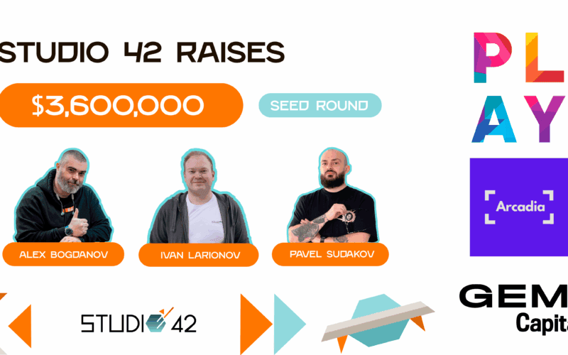 logos of studio 42, play ventures, arcadia, gem capital, and photos of studio 42 founders alex bogdanov, ivan larionov, and pavel sudakov
