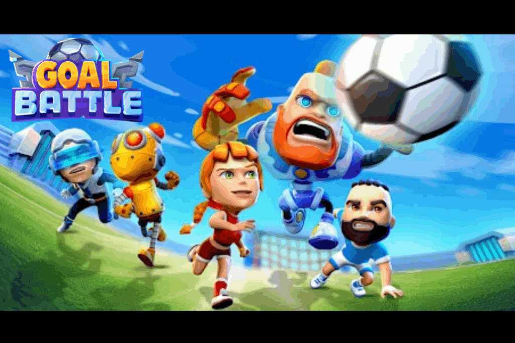 cover art for mage games's goal battle features 5 characters on a football pitch