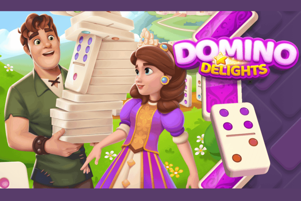cover art for harmony games' domino delights, shows the main female character and a male character, holding domino tiles