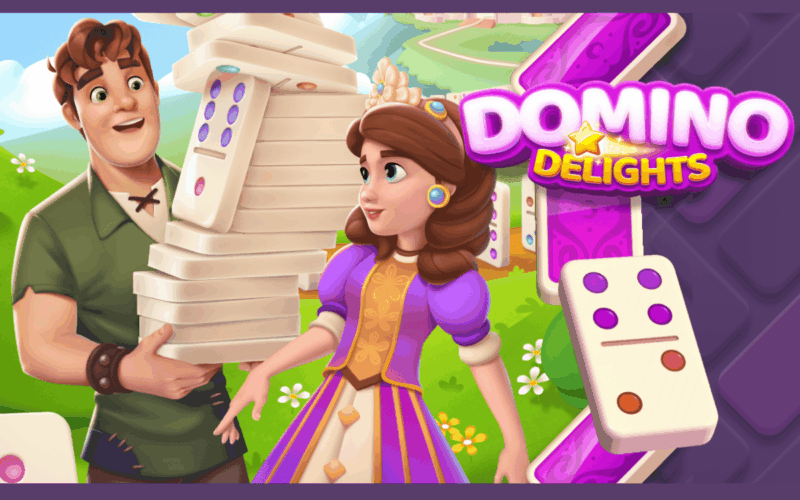 cover art for harmony games' domino delights, shows the main female character and a male character, holding domino tiles