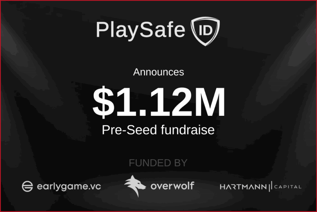 playsafe id funding round image rhe companys logo, 1.12 m pre-seed round and lead investors overwolf, early game ventures and hartmann ventures logos