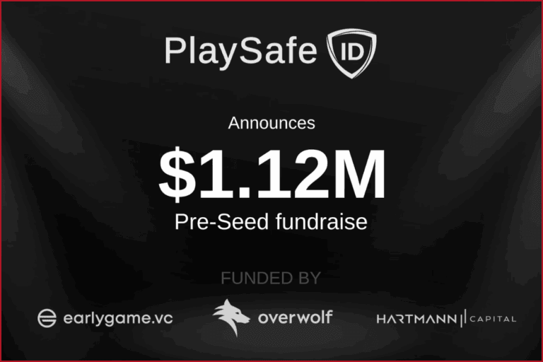 playsafe id funding round image rhe companys logo, 1.12 m pre-seed round and lead investors overwolf, early game ventures and hartmann ventures logos